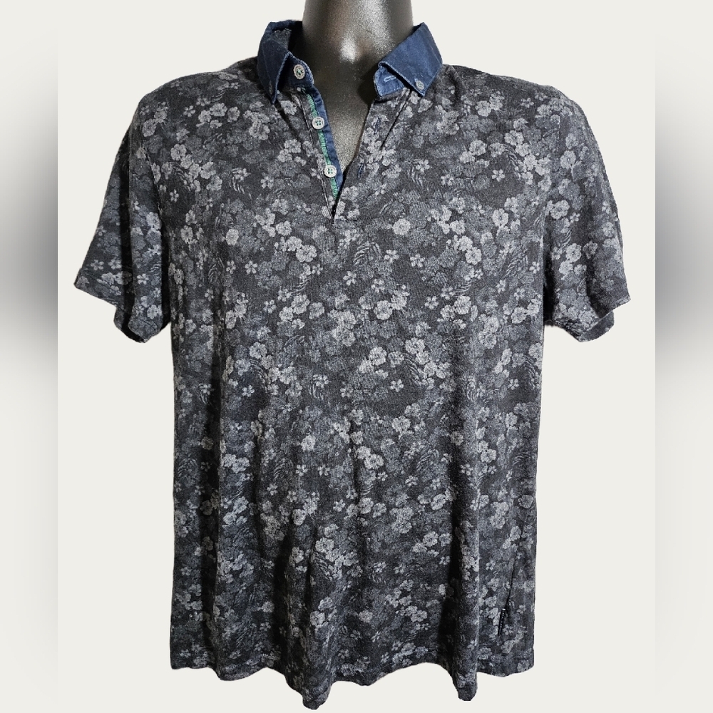 Ted Baker Mens Polo Shirt Black Gray Floral 5 Large - Picture 1 of 9